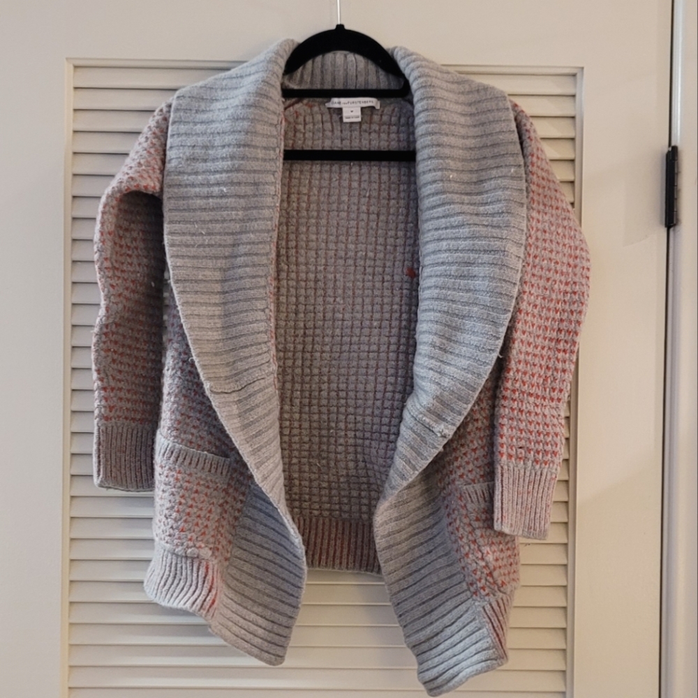 Diane Von Furstenberg- Grey & Red Wool Open Sweater With Pockets